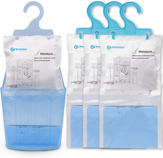 Moisture Absorber Packets with Plastic Case & Hook, Odor Eliminator, Leak Proof, Fragrance Free, Humidity Packs, Hanging Closet Dehumidifier Bags, Moisture Absorber (4 Packs)