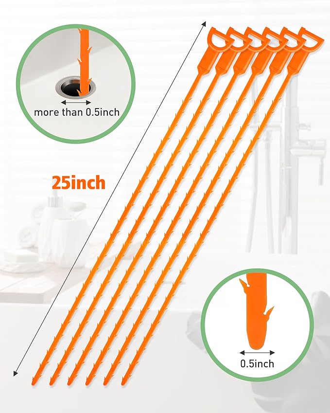Drain Clog Remover, 25-Inch Drain Hair Removal Tool, Drain Hair Remover Plumbing Snake, Drain Cleaner Hair Clog Remover, Shower Drain Hair Catcher, Easy & Quik to Use on Most Drains - 6 Pack