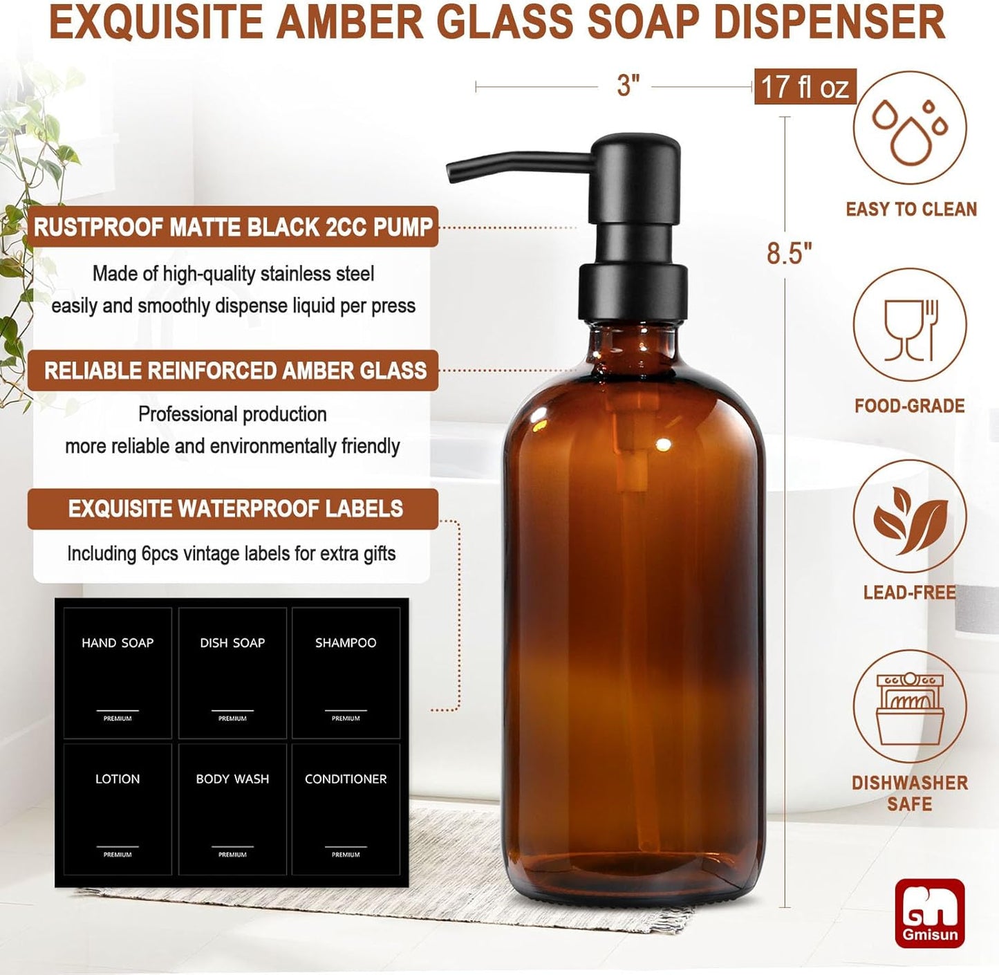 GMISUN Amber Glass Soap Dispenser, 2 Pack Bathroom Hand Soap Dispensers with Stainless Steel Pump, 17 Fl Oz Kitchen Hand and Dish Soap Dispenser Set, Modern Vintage Liquid Brown Soap Dispensers Bottle