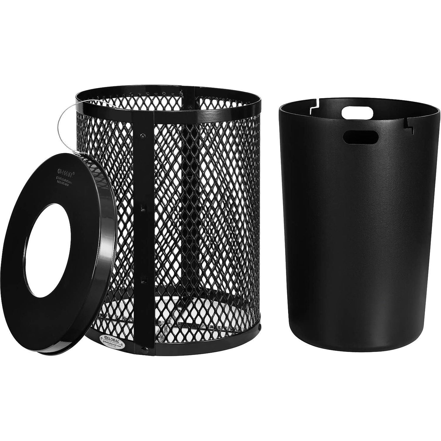 Global Industrial Outdoor Diamond Steel Trash Can with Flat Lid and Plastic Liner, 36 Gallon Capacity, Black, Thermoplastic Coating, 23-1/2" Diameter, 30" H