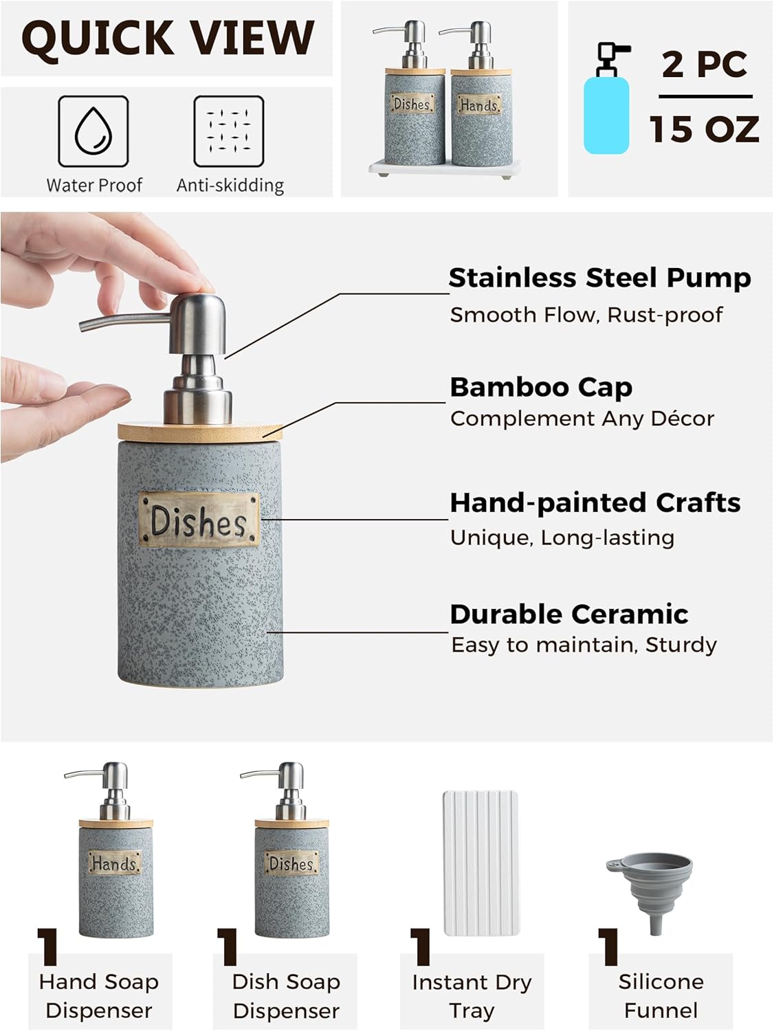 Hand and Dish Soap Dispenser Set, Ceramic Kitchen Soap Dispenser for Bathroom Lotion, Body Wash, Includes Instant Dry Tray, Collapsible Funnel, 15 Oz, Gray