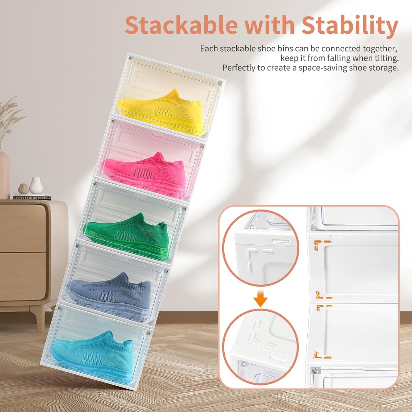 12 Pack White Shoe Boxes Stackable,Large Shoe Storage Organizer with Magnetic Door,Drop Side Shoe Containers for Entryway,Sneaker Storage Fit up to US Size 12 for Men/Women(13’’x10.62”x8.26”