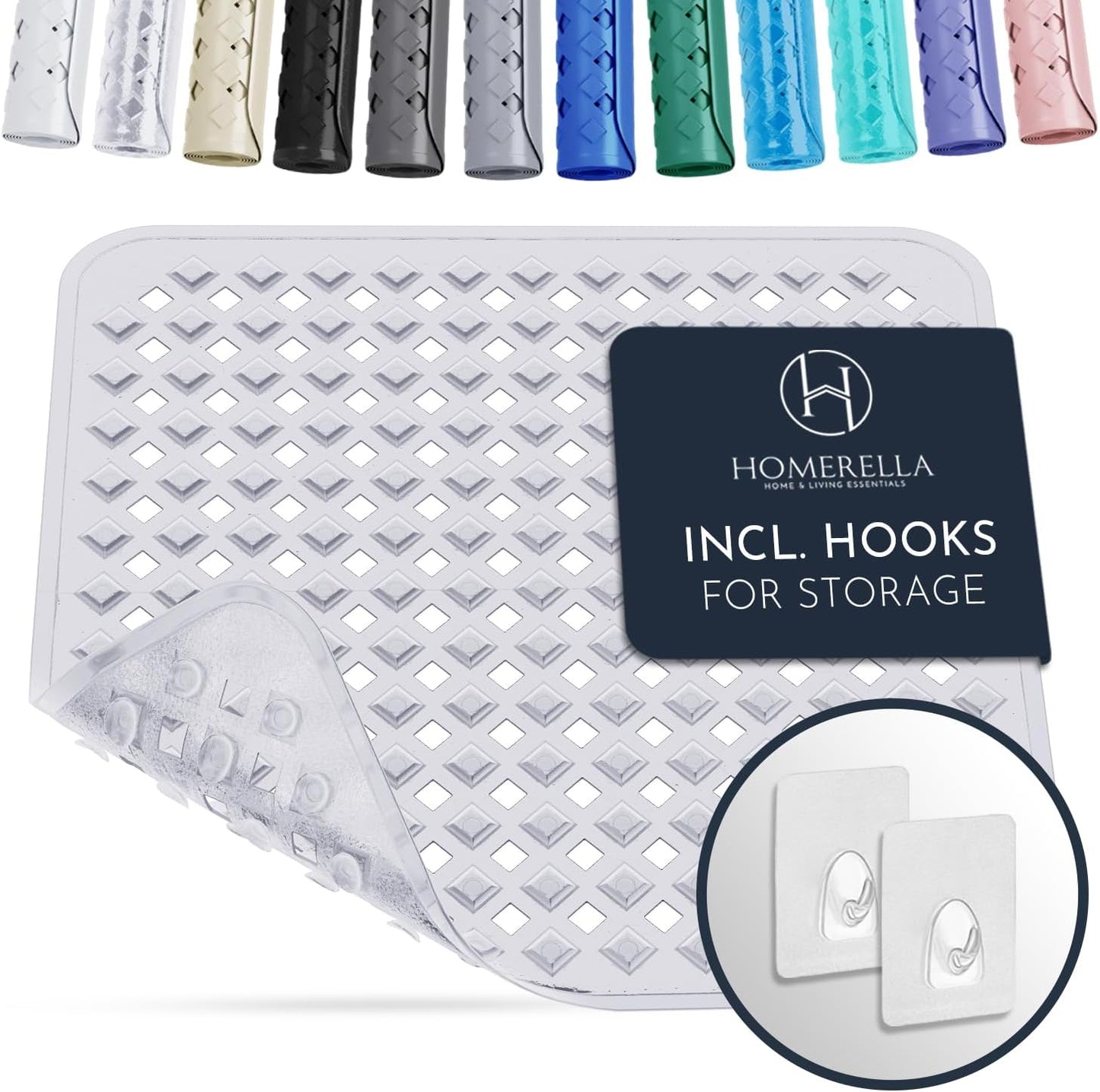 Homerella Anti Slip Shower Mat | Anti Mold Non Slip Bathtub Mat for Inside Shower | Square Floor Shower Mat 21 x 21 inch with Suction Cups for Grip & Hooks Hanging and Quick Drying | Machine Washable