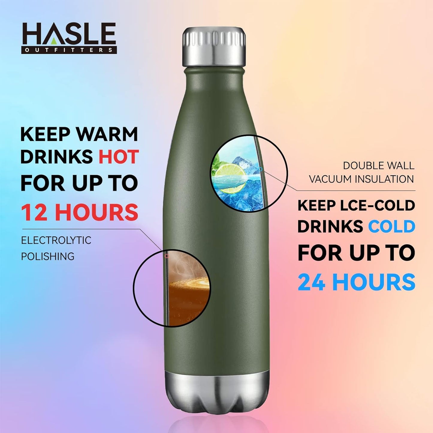 HASLE OUTFITTERS 17oz Stainless Steel Water Bottles Bulk, Vacuum Insulated Double Walled Powder Coated Reusable Metal Sports Water Bottles Keep Drinks Hot and Cold, ArmyGreen, 8Packs