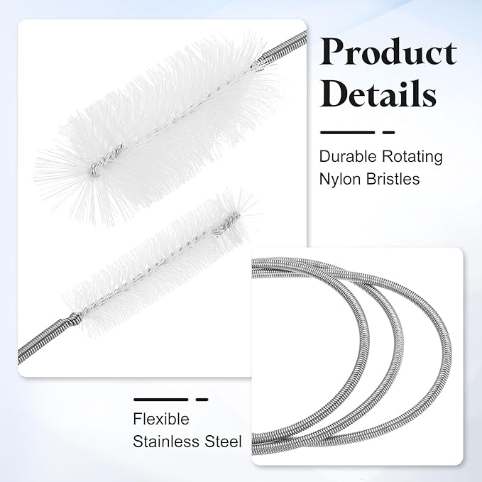 HARFINGTON 3pcs Flexible Long Drain Brush Straw Cleaner Set 35.43" Stainless Steel Double Ended Hose Brush with 8" Nylon Long Tube Pipe Cleaning for Fish Tank Sink Pipe, White