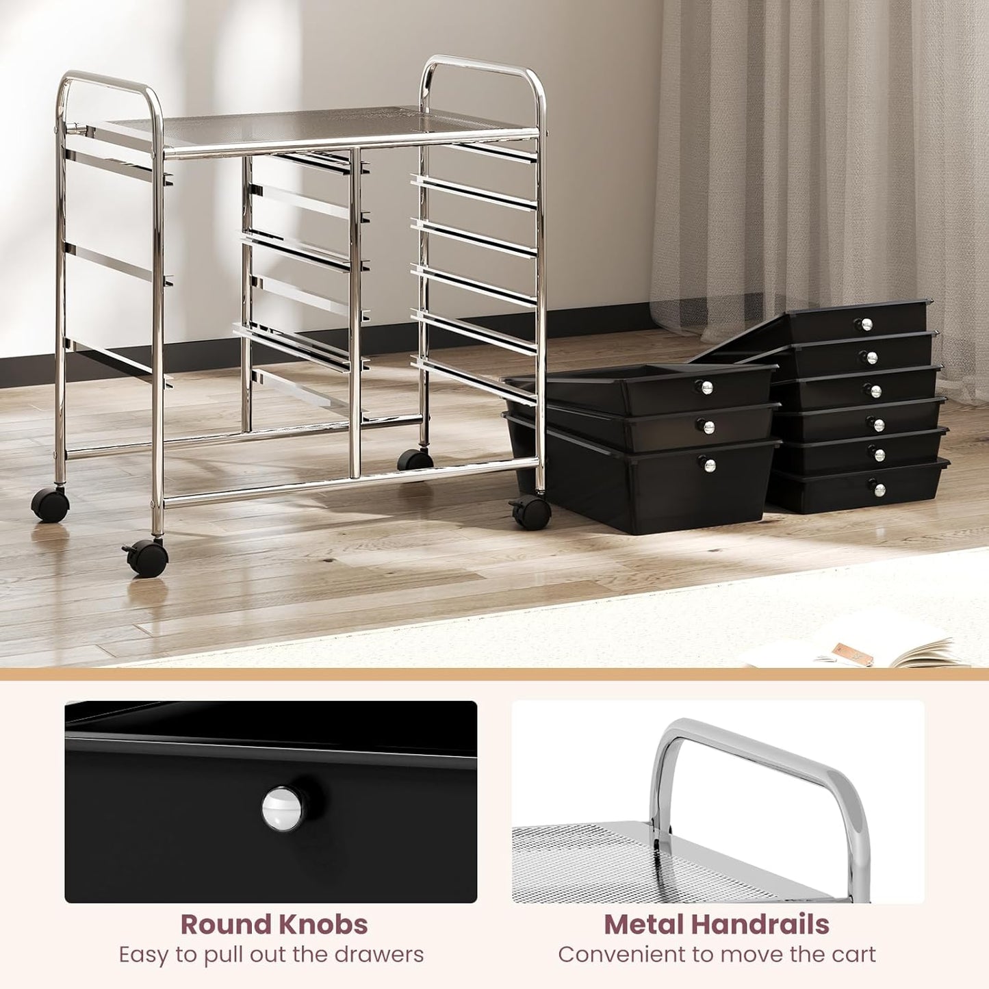 GOFLAME 9-Drawer Rolling Storage Cart, Mobile Utility Cart with Removable Drawers & Metal Frame, Art Craft Organizer Cart with Lockable Wheels, Storage Drawer Cart for Home Office School, Black