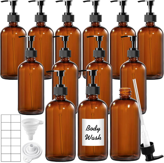 12 Pack Amber Glass Bottles 16oz with Pump Dispensers, Refillable Empty Pump Bottles for Bathroom, Kitchen, Shampoo, Soap, Lotion – Includes 2 Funnels & 12 Labels