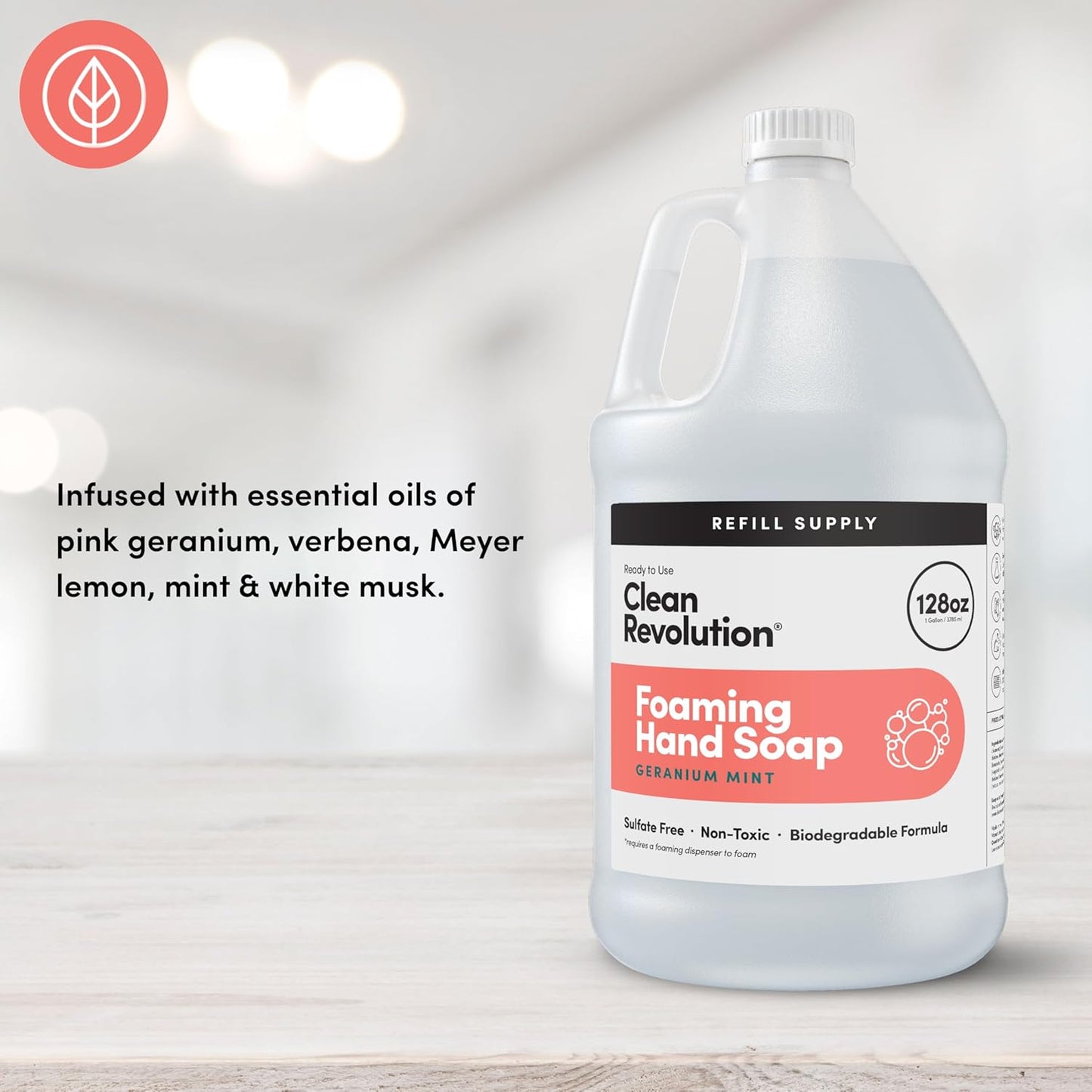 Clean Revolution Foaming Hand Soap, Gentle, Moisturizing, Ready To Use Formula, Real Essential Oils, Gluten Free, Geranium Mint, 128 Fl Oz