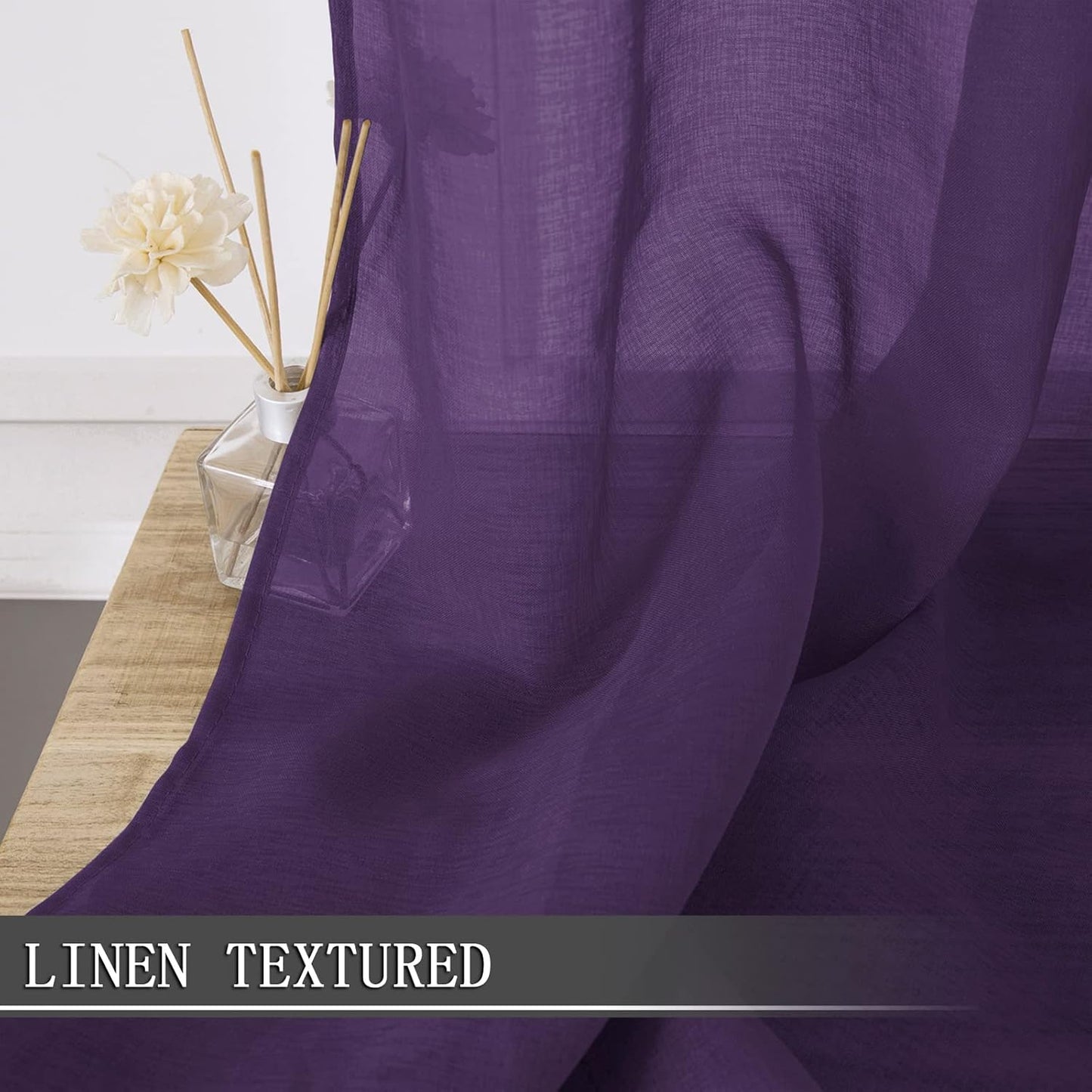 Tollpiz Sheer Curtain Linen Textured Living Room Curtains Sheer Light Filtering Rod Pocket Voile Curtain for Bedroom, 54 x 72 inches Long, Royal Purple, Set of 2 Panels