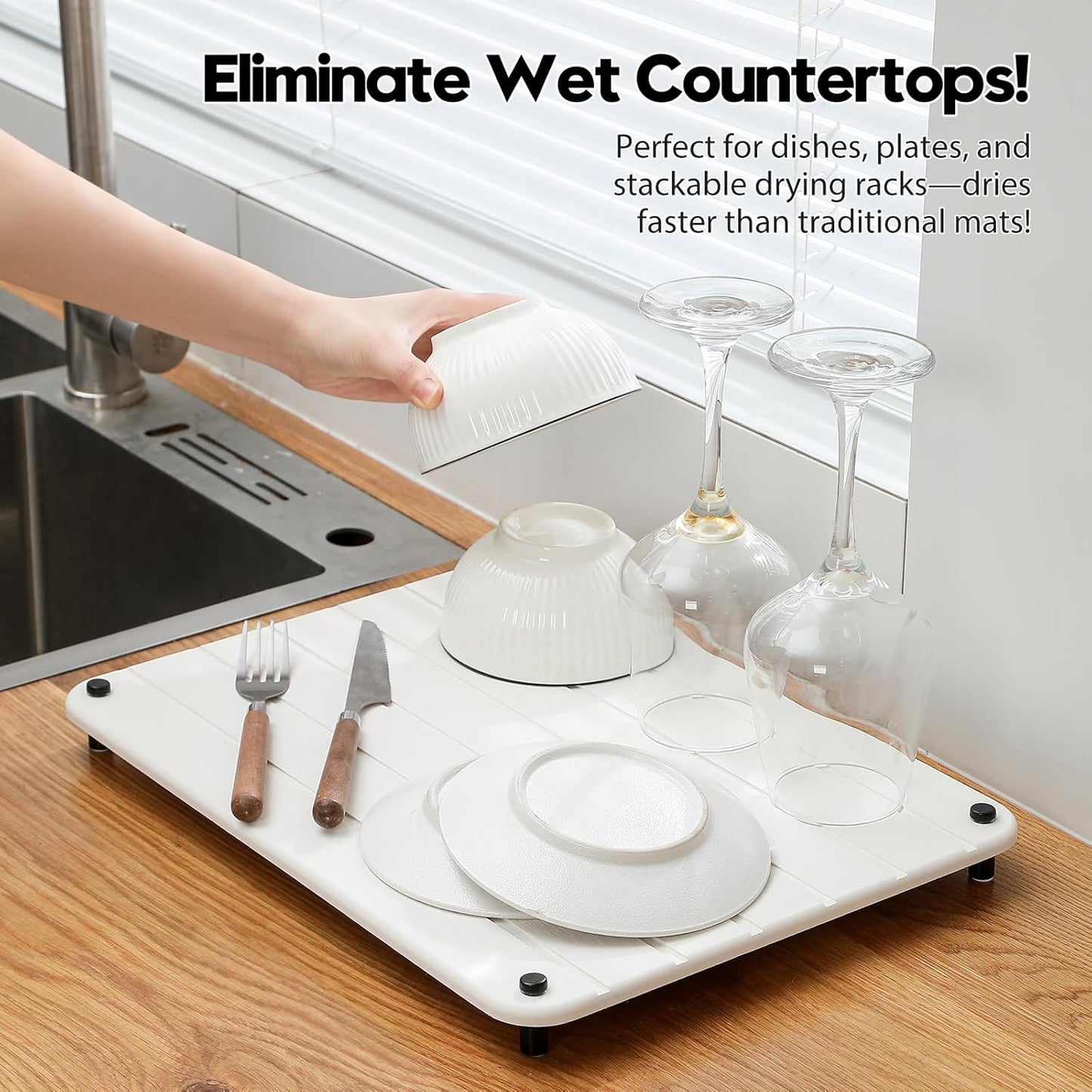 Stone Dish Drying Mat for Kitchen Counter, Water Absorbing Bathroom Tray Sink Organizer, Diatomaceous Earth Countertop Dish Rack Riser Sponge Holder Soap Dish, White, 16" x 12"