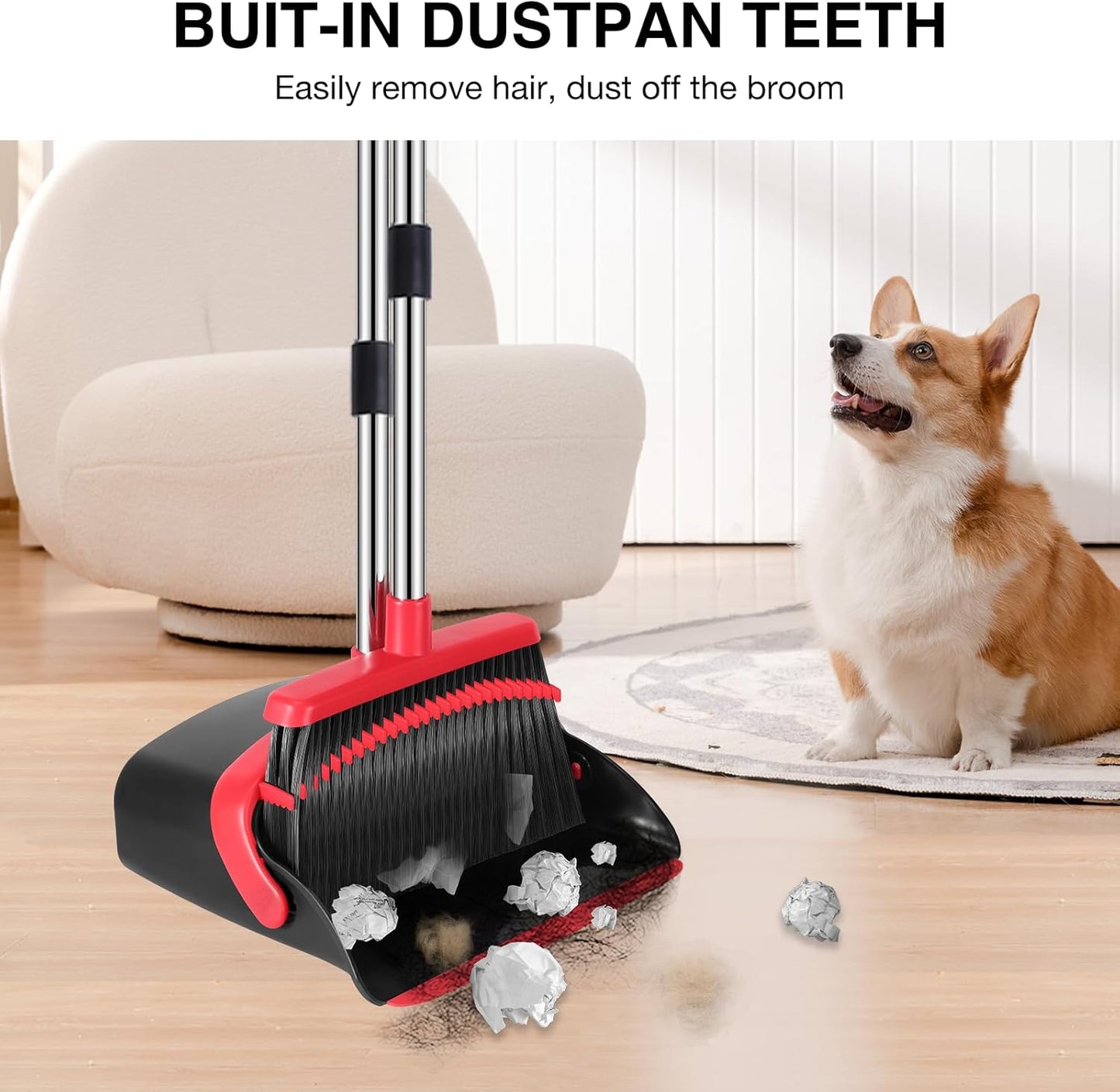 NACENA Broom and Dustpan Set, 52-in Long Adjustable Handle Broom Dustpan Combo with Dustpan Teeth to Automatically Clean Hair Suitable for Home Kitchen Office Hall Floor (Black&Red), 2 Pack