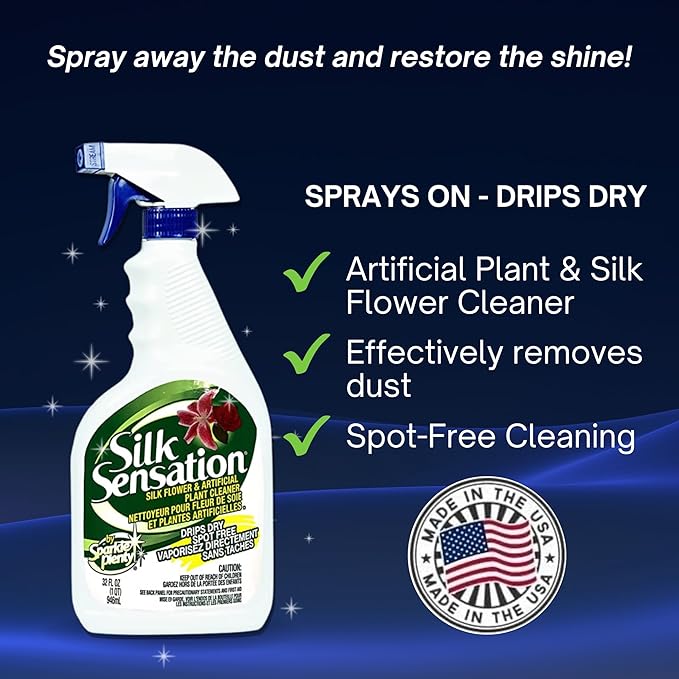 Sparkle Plenty Silk Sensation Artificial Flower & Plant Leaf Cleaner - Fake Flower Dusting Spray - Silk Plant Cleaner Spray No Wipe - Drip Dry Cleaning Supplies for Artificial Tree (32 oz, 2 Pack)