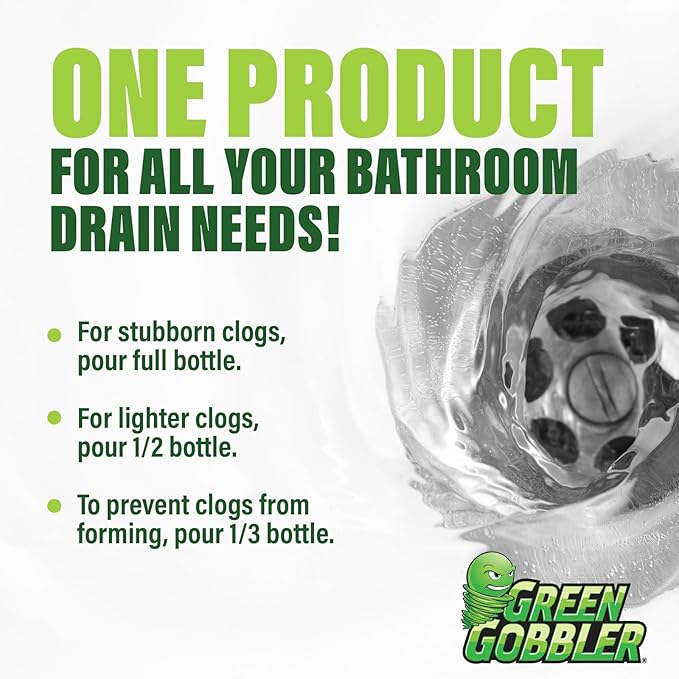Green Gobbler Ultra Concentrated Drain Clog Remover & Cleaner | Powerful Hair, Grease & Soap Dissolver for Bathroom, Kitchen, Shower, Sink & Toilet | Safe for Pipes & Septic Systems