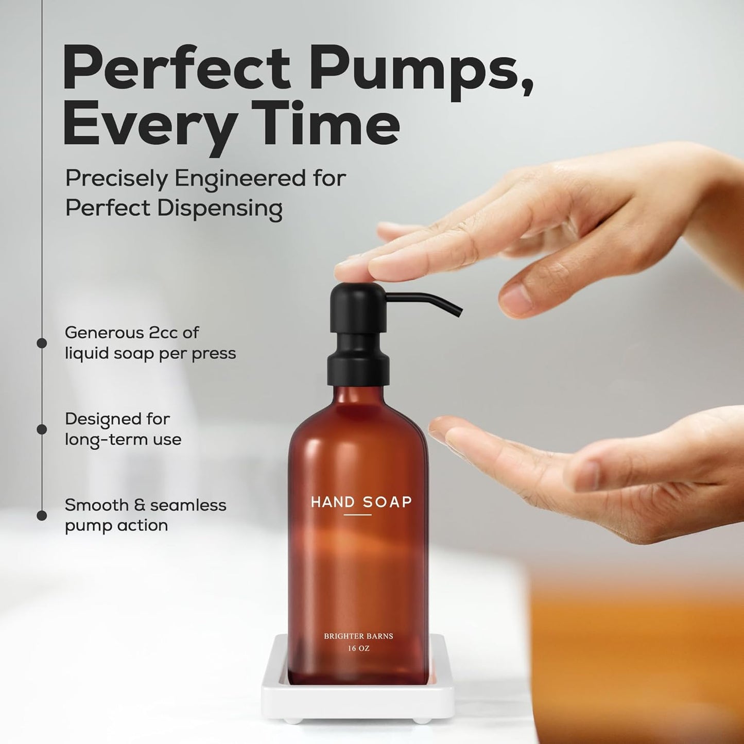 Amber Glass Hand and Dish Soap Dispenser Set by Brighter Barns - Kitchen Soap Dispenser Set with Tray for Kitchen, Airbnb, Vacation Rental or Restaurant - Modern Kitchen Decor & Accessories (Amber)