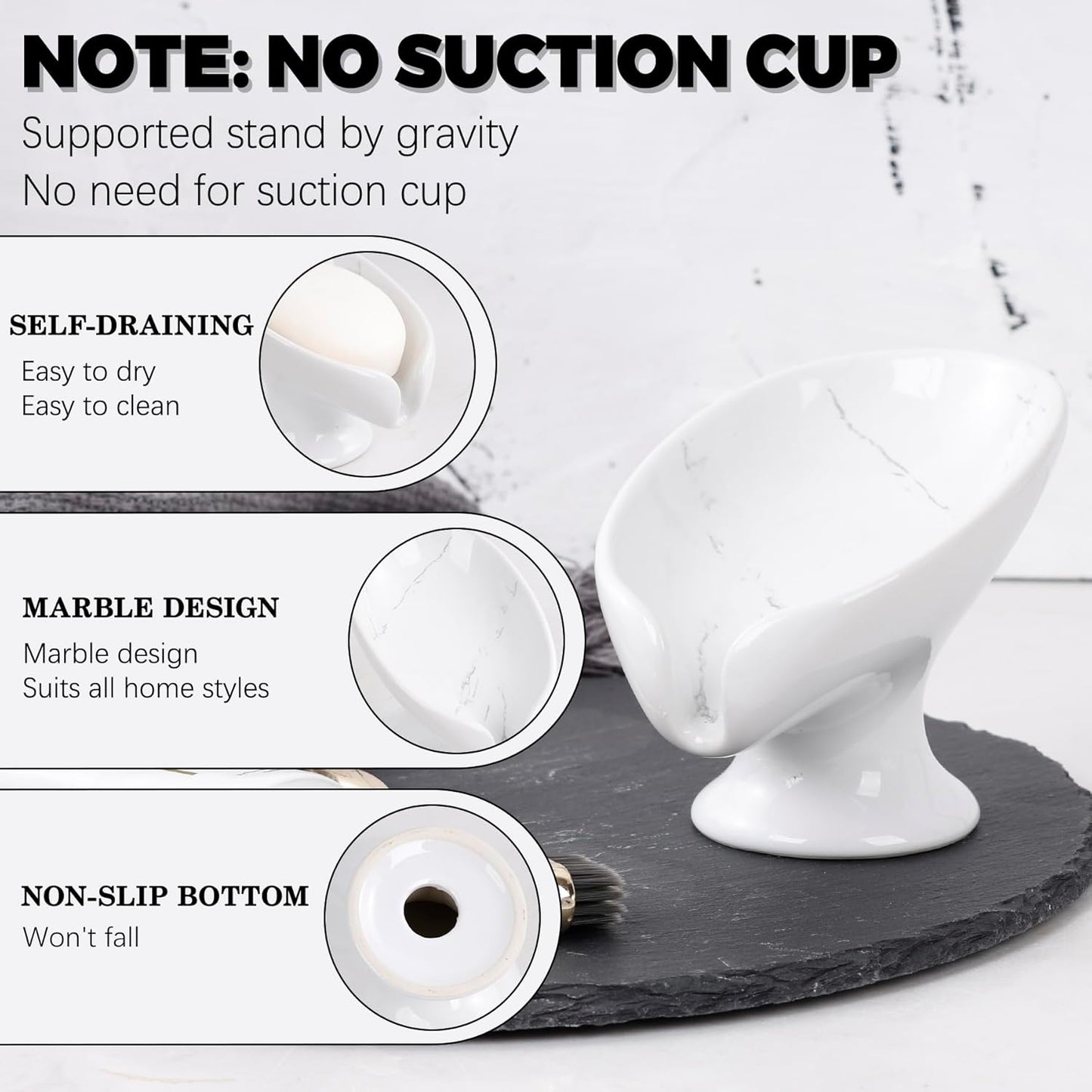 Soap Dish, Self Draining Bar Soap Holder for Bathroom Sink, Leaf Shaped Drainage Ceramic Marble Porcelain Decorative Soap Dish, No Suction Cup, ANTIS'S HOME