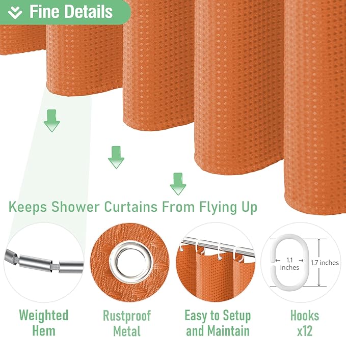 Dynamene Extra Long Shower Curtain - 96 Inch Long Waffle Weave Weighted Thick Cloth Bathroom Shower Curtain, Neutral Heavy Duty Hotel Bath Curtain Set with 12 Plastic Hooks,72x96, Burnt Orange