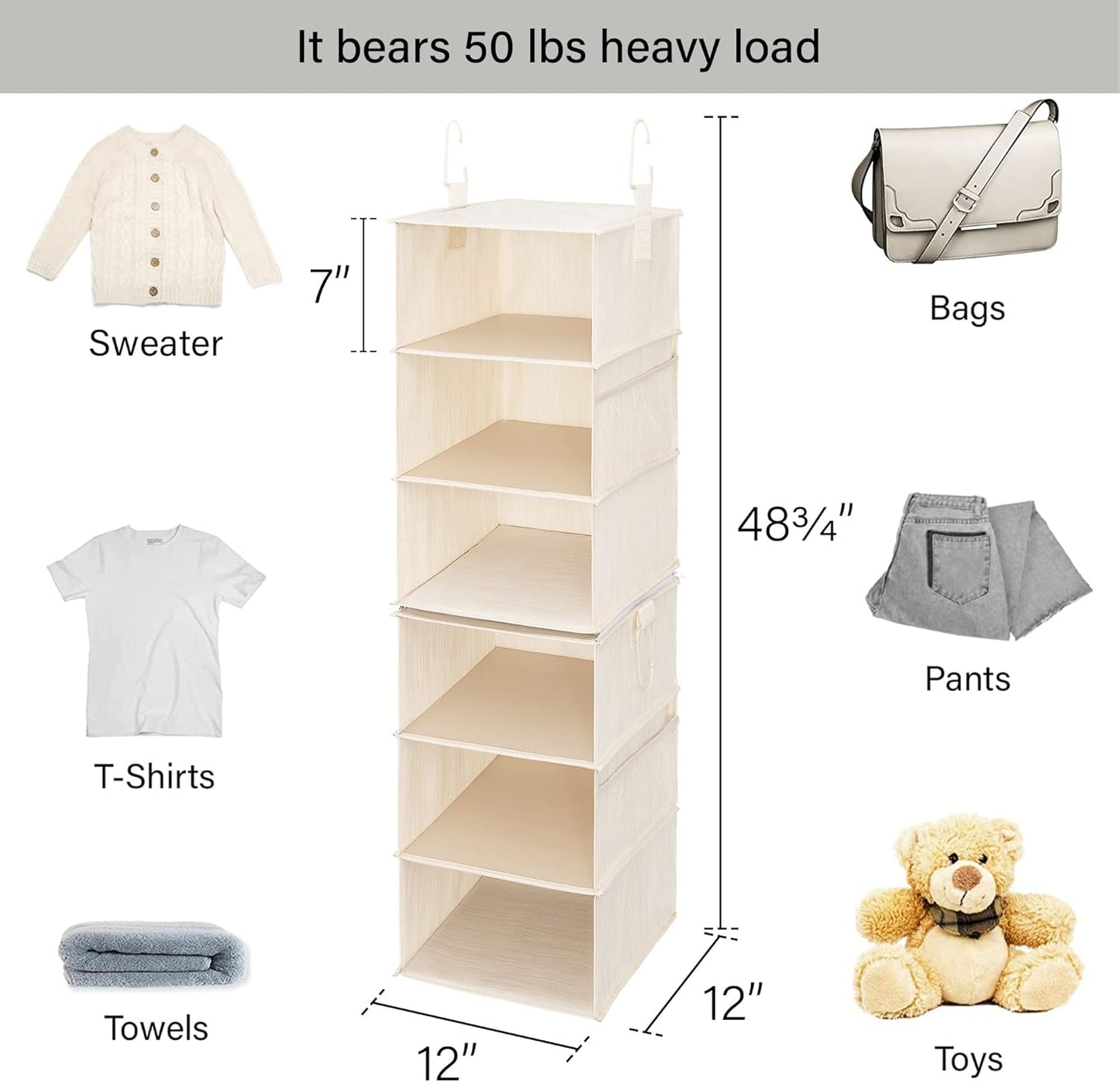 StorageWorks 6-Shelf Closet Organizers, Two 3-Shelf Separable Hanging Shelves for Closet, 12" D x 12" W x 48 ¼"H, Mixing of Beige, White & Ivory