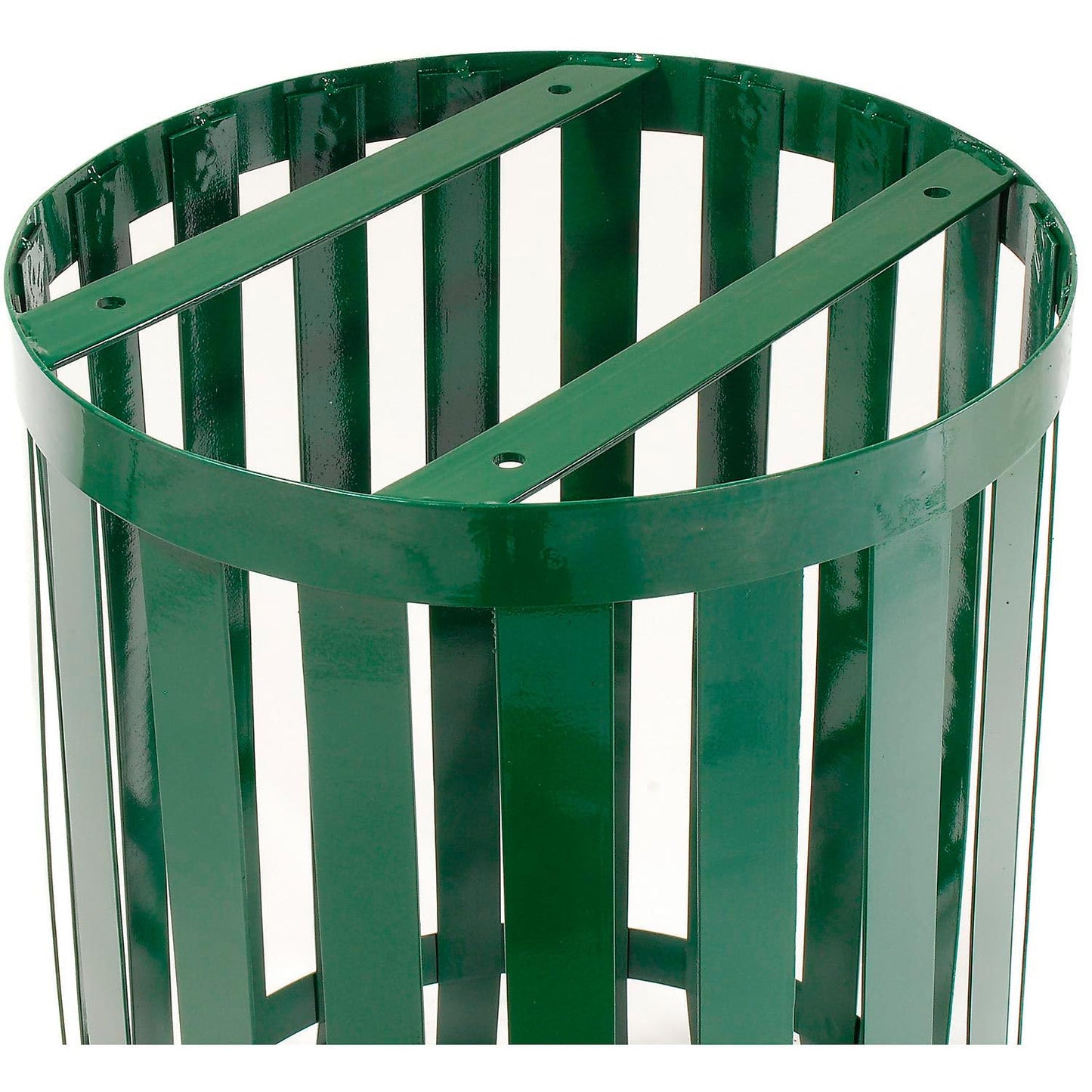 Global Industrial 36 Gallon Outdoor Slatted Steel Round Trash Can with Flat Lid, Plastic Liner & Anchor Kit Included, 28" W x 36" H, Commercial & Industrial Trash Can, Green