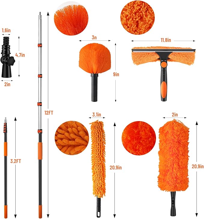 20ft High Reach Duster Kit with Extendable Pole (5-12ft),High Ceiling Duster Kit Includes–Ceiling Fan Blade Cleaner, Cobweb Remover, Bendable Duster, Microfiber Glass Scrubber & Squeegee & Swivel Head