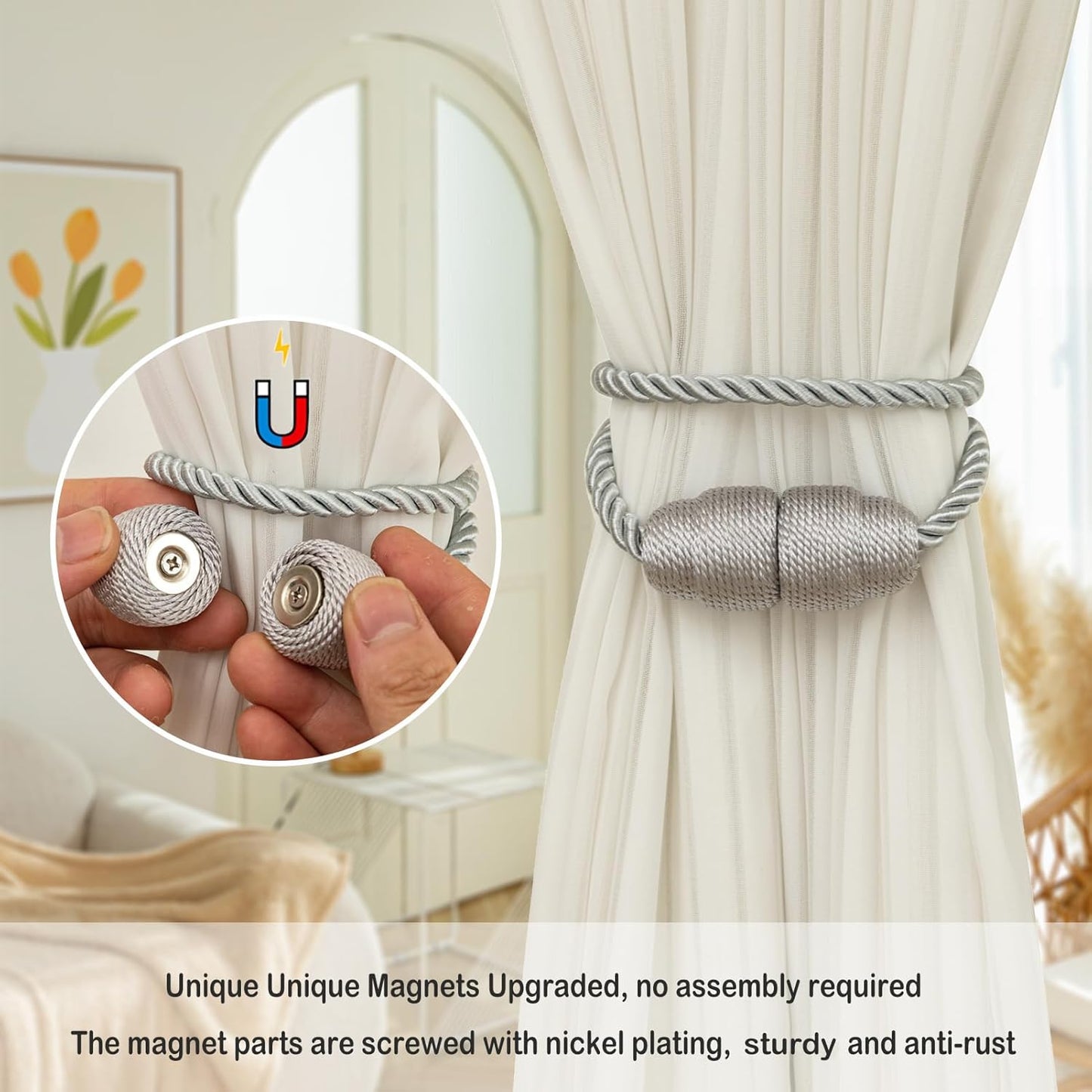 Magnetic Curtain Tiebacks Rope Curtain Tie Backs for Curtains 6 Pack Curtain Holders for Drapes Decorative Window Curtain Holdbacks, Grey
