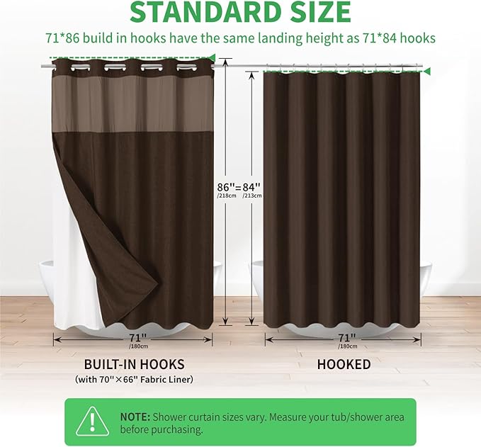 Extra Long No Hooks Needed Linen Textured Shower Curtain with Snap-in Fabric Liner Set,White Hotel Luxury Decor Shower Curtains for Bathroom,Waterproof & Washable,71Wx86H,Brown
