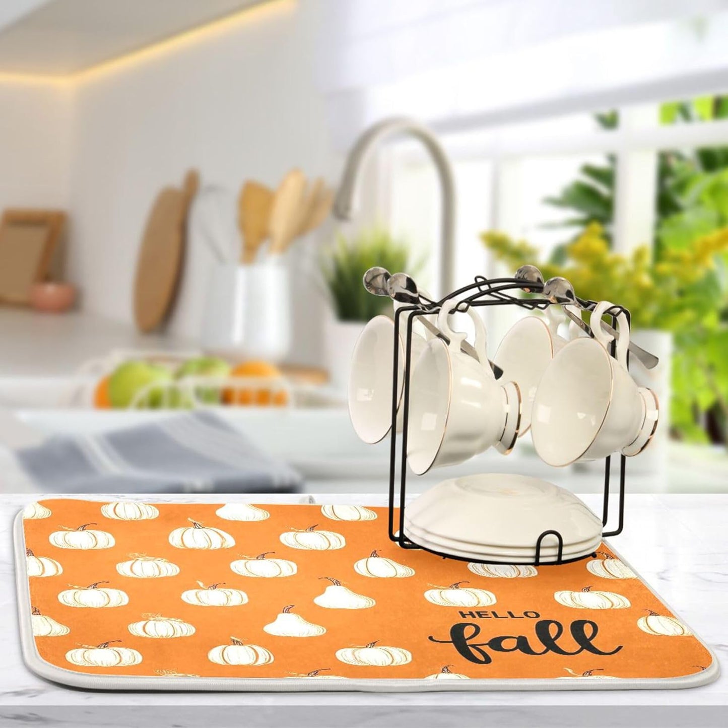 Hello Fall Burnt Orange Dish Drying Mat for Kitchen Countertop 18x24 Autumn Pumpkin Large Drying Mat Reusable Quick Dry Dish Sink Mats Easy Clean Decorative Essentials