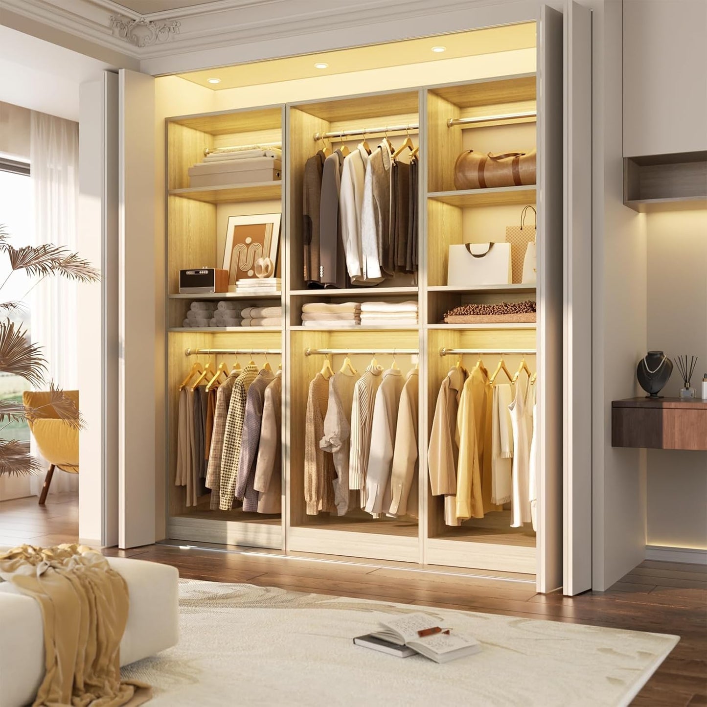 Unikito 25” Closet System, Freestanding Closets Organizer Wardrobe with Hanging Rods and Shelves, Adjustable Clothes Garment Racks, Sturdy Walk in Closet Tower, 25"W x 16"D x 80"H, White Oak