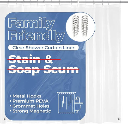 downluxe Clear Shower Curtain Liner with Hooks, PEVA Plastic Shower Liner, 72" W x 78" L Waterproof Lightweight Bathroom Curtain(12 Hooks, 1PC)