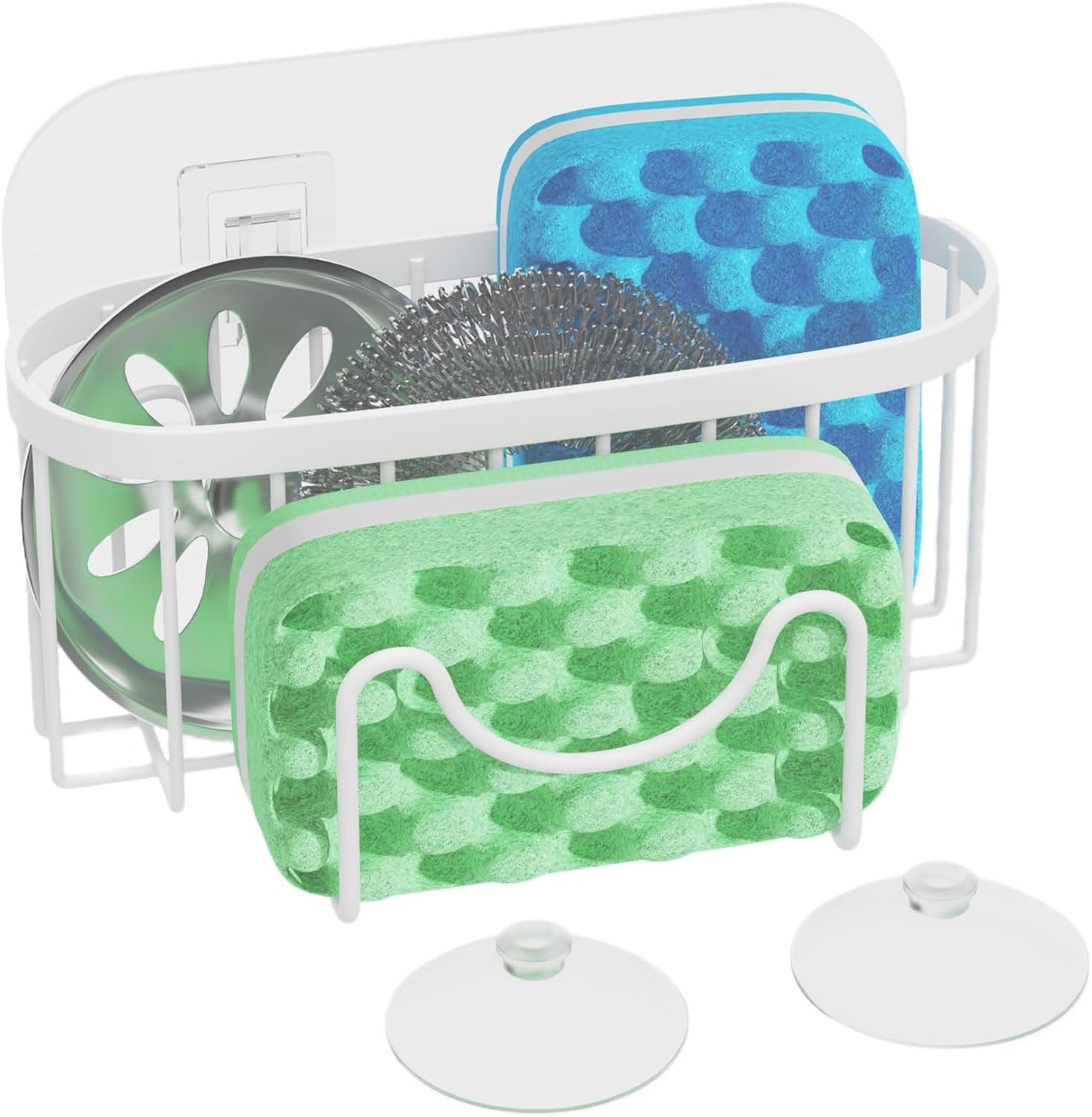 HapiRm Sponge Holder for Kitchen Sink - Sink Caddy with Unique M-Shaped, 2 Installation Methods Kitchen Organizer, Rustproof Stainless Steel Sponge Caddy - White