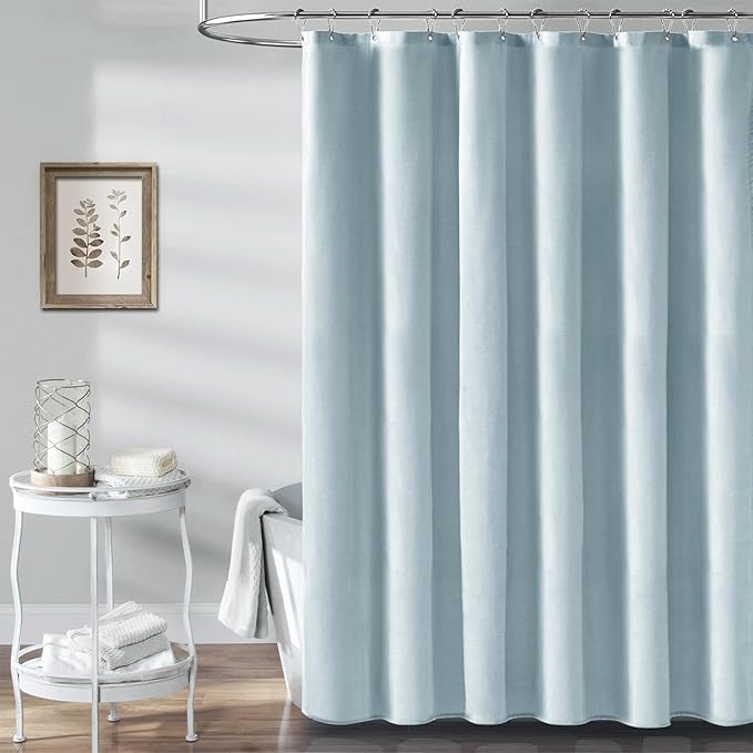 BTTN 78 Inch Long Shower Curtain - Linen Textured Weighted Fabric Shower Curtain Set with 12 Hooks, Tall Hotel Neutral Heavy Duty Waterproof Polyester Shower Curtains for Bathroom - 72x78 - Fog Blue