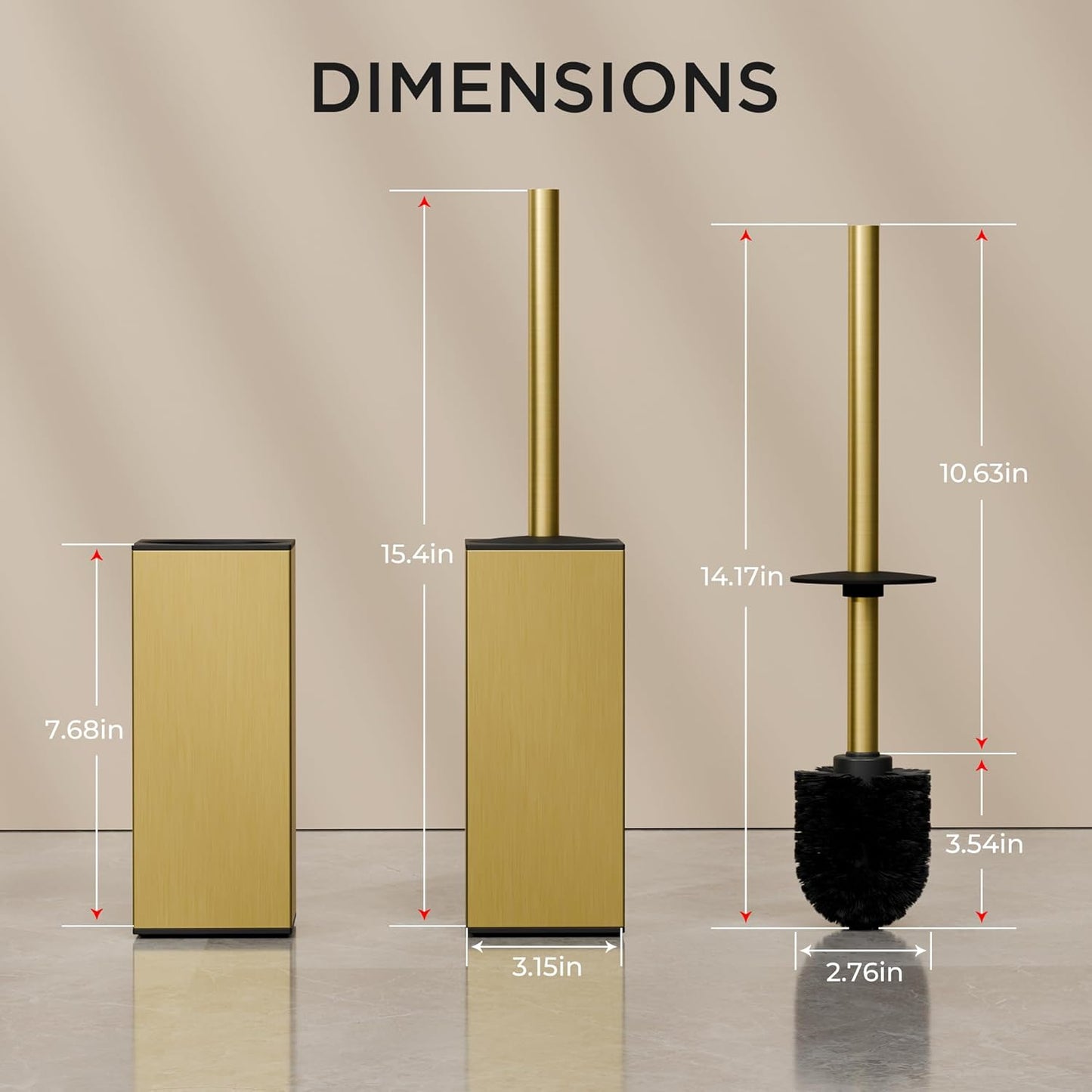 FORIOUS Toilet Brush and Holder Set, Heavy Duty 304 Stainless Steel Base Square and Long Handle for Bathroom Deep Cleaning, Drip-Proof, Space Saving for Storage, 2 Toilet Bowl Brush Head, Dark Gold