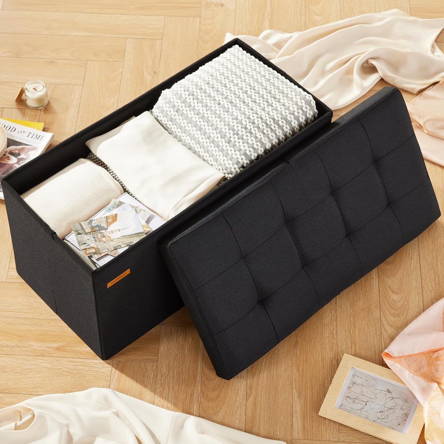 HAUSFRAU - 30 Inches Storage Ottoman Bench with Flipping Lid, Foldable Storage Chest Foot Rest for Living Room, Bedroom, Entryway, Load 660 lb, Linen Black