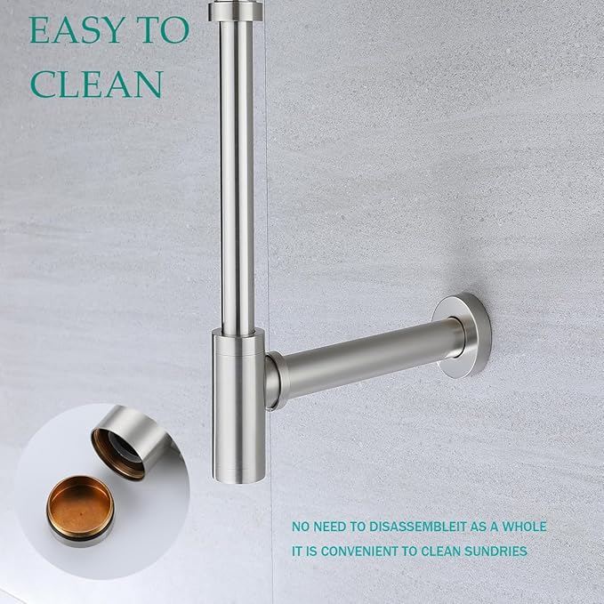 Brass Round Bottle P-Trap with Pop Up Drain Stopper,1 1/4 Adjustable Basin Sink Waste Drain Trap Kit Without Overflow,Brushed Nickel P Trap