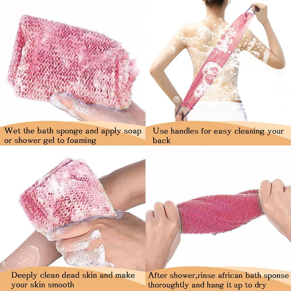 African Net Sponge with Handles 3 Pieces Long African Exfoliating Net Washcloth Bath Sponge Net Cloth Wash Net Body Back Scrubber for Shower Loofah