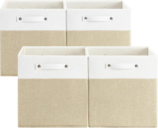 13 x 13 Inch Fine Linen Storage Bins with Handles，Fabric Cube Boxs，Collapsible Basket Organizers for Shelves for Home, Closet Drawers (White/Khaki-4 Pack)