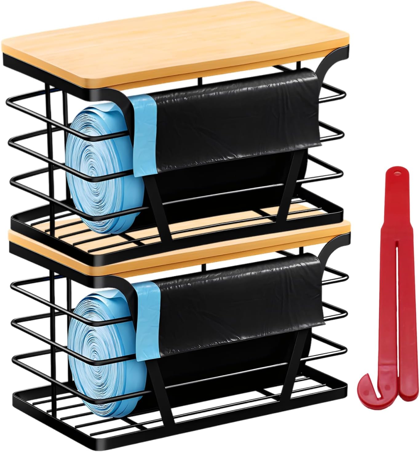 2 - Pack Trash Bag Dispenser with Bamboo Top, Stackable Garbage Bag Holder, Large Capacity Trash Bag Storage Space-Saving Trash Bag Holder Dispenser Storage Solution, Trash Bag Storage Organizer.