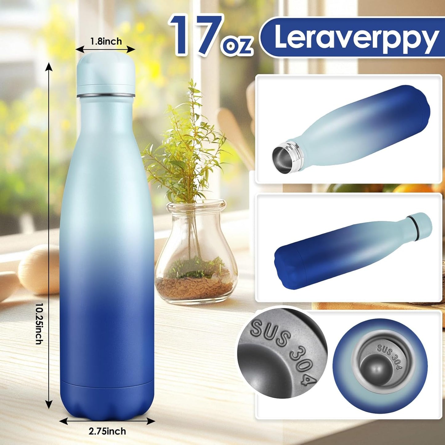 17oz Cola-Bottle Shaped Stainless Steel Leak-proof Water Bottle,Double Wall Vacuum Insulated Metal,Travel Mug For Sports Indoors & Outdoors,BPA-Free Kids Flasks,Green Blue(4Pack)