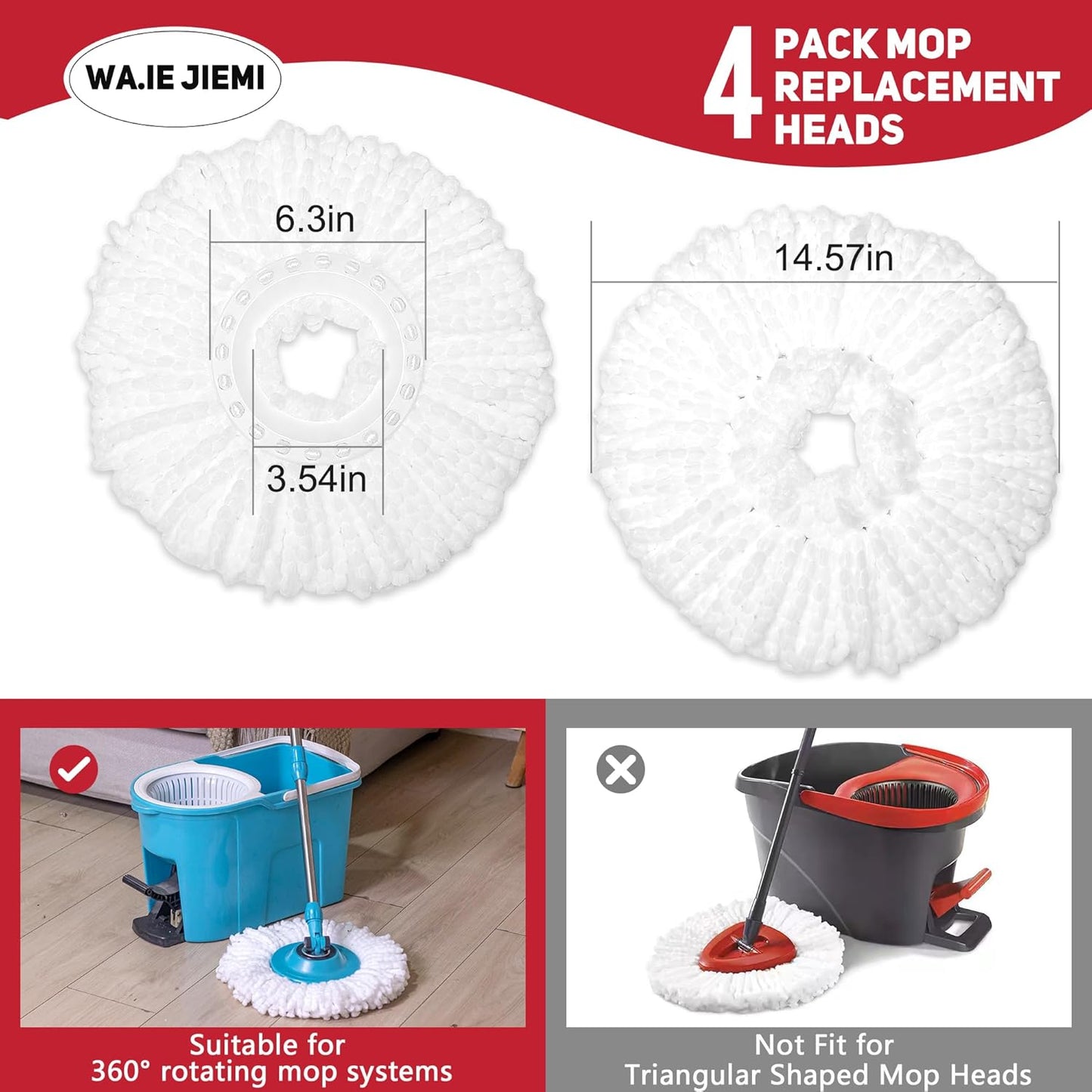 4-Pack White Mop Replacement Heads with 1 Spin Mop Scrub Brush - Microfiber Replacement Mop Heads Universal for 360°Spin Magic Mopping,Round Shape Standard Size