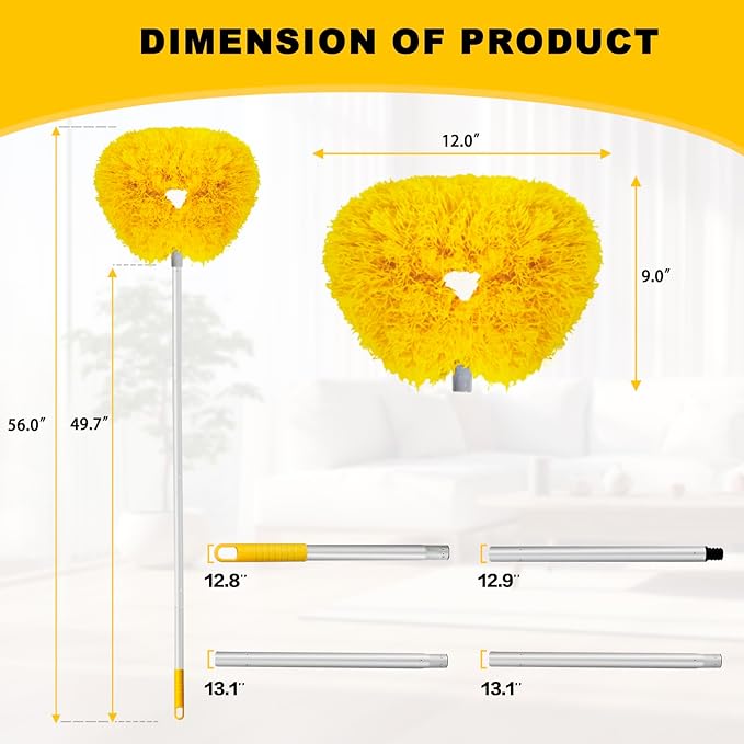 Ceiling Fan Cleaner Duster Reusable Microfiber Ceiling Fan Blade Cleaner Removable Duster with Extension Pole Adjusts 13 to 49.7 Inch for Cleaning Walls Bookshelves Furniture Door Window Top (Yellow)