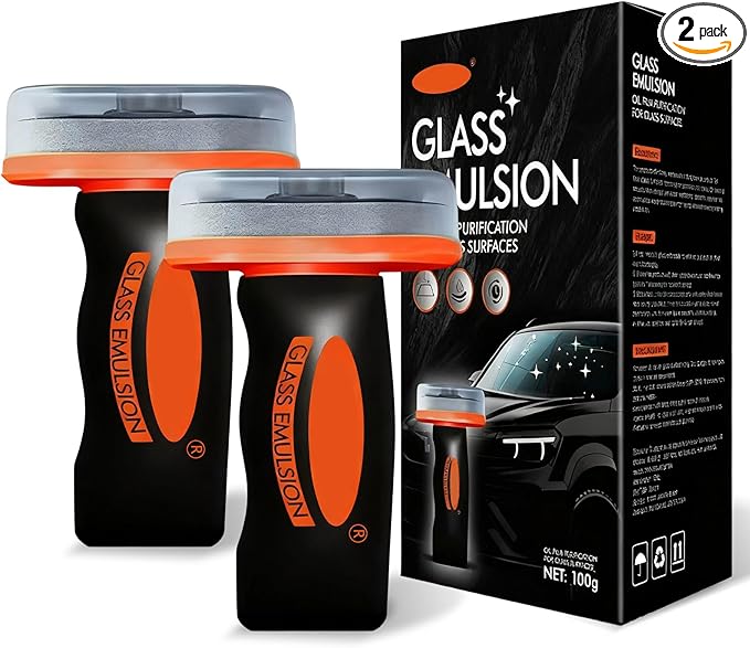 2pcs Glass Oil Film Remover for Car, Roll-On Glass Compound with Cleaning Board, Removes Oil Film & Smudges, Improve Windshield Clarity for Safe Driving