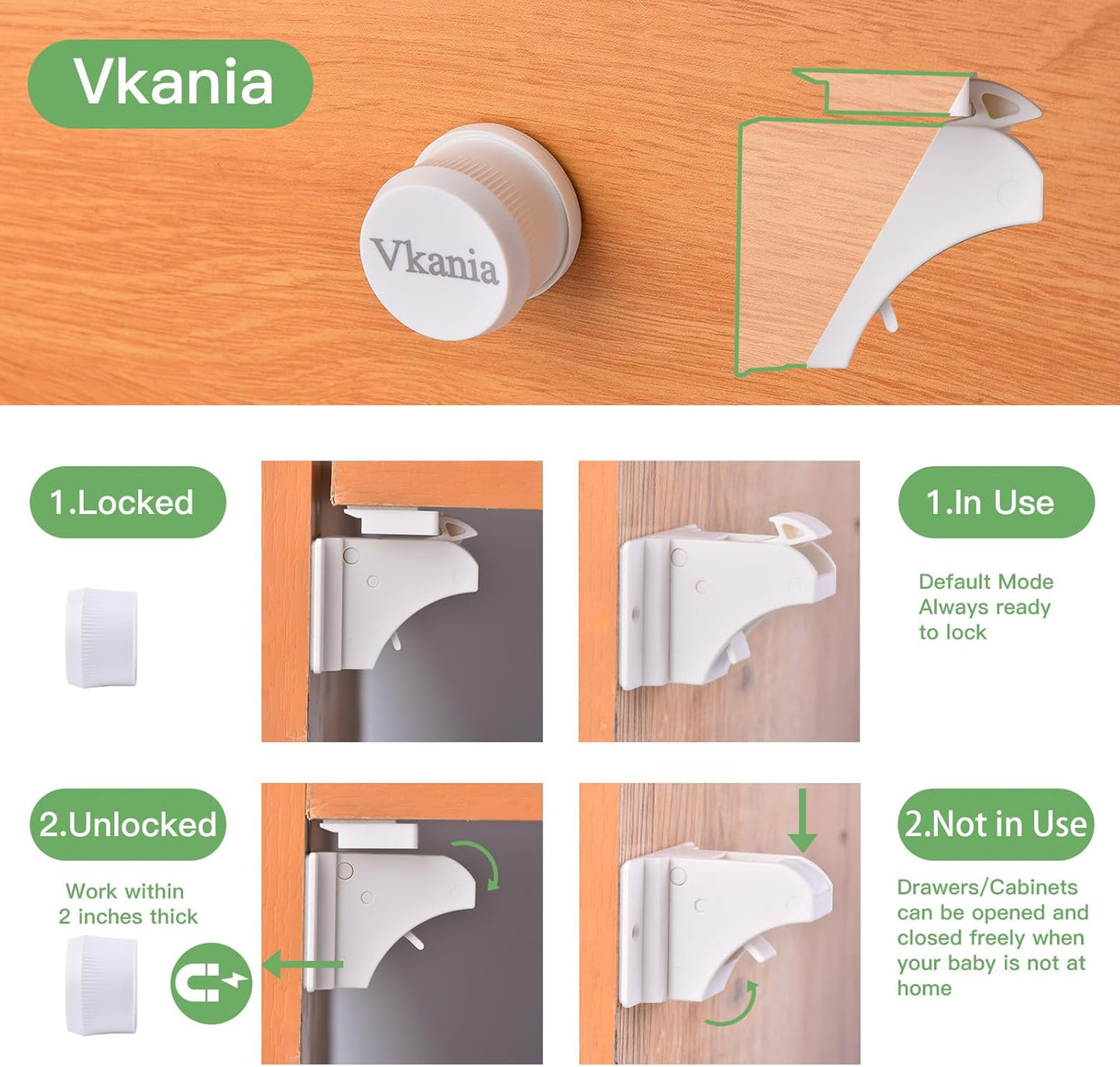 10 Pack Vkania Magnetic Cabinet Locks Baby Proofing - Baby Safety Latches for Drawers and Cabinets - Easy Installation No Drilling