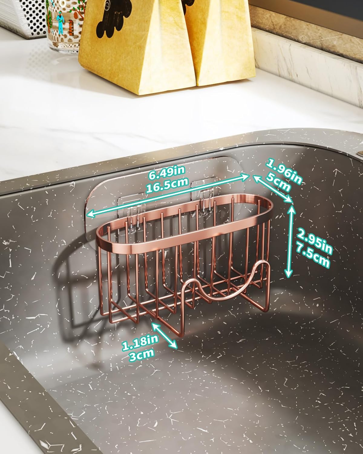 HapiRm Multifunctional Sink Sponge Holder with Unique M-Shaped, 2 Installation Ways Kitchen Sink Caddy, Stainless Steel Kitchen Organizer for Sponge, Brush and Scraper - Rose Gold