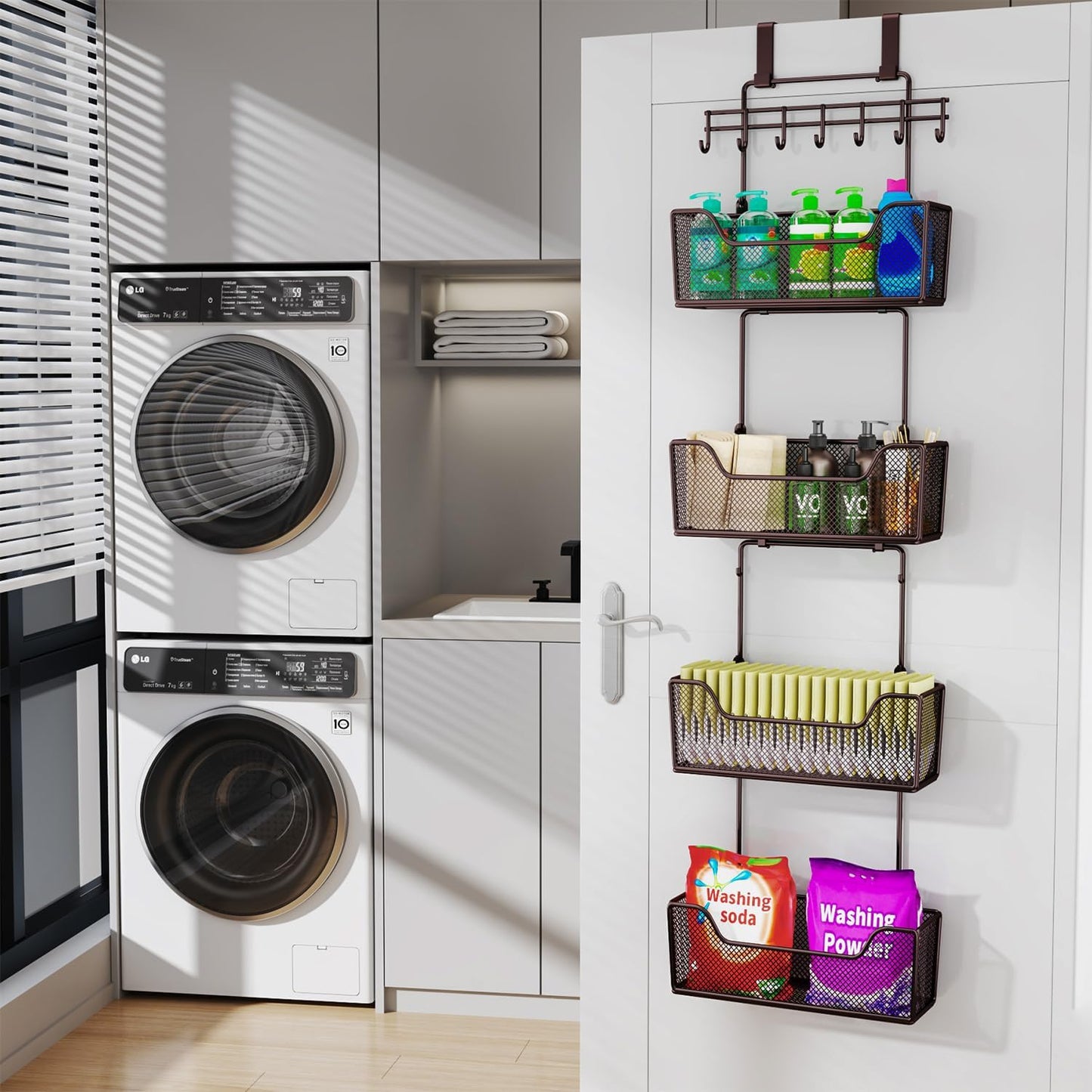 HapiRm Over The Door Organizer - Hanging Door Organizer with 4 Metal Large Capacity Baskets and Adjustable Coat Hook for Bathroom Bedroom Kitchen Pantry Closet Cabinet