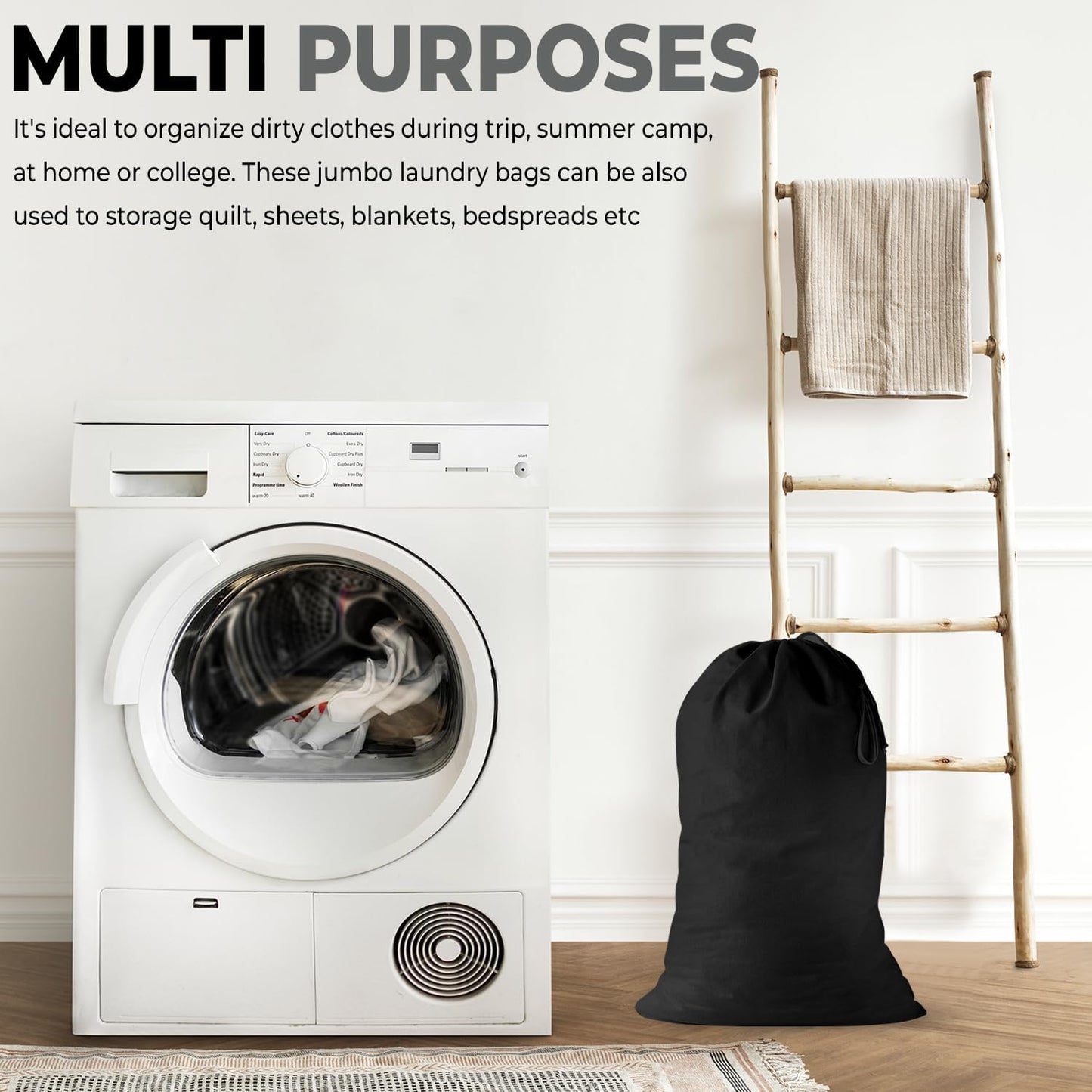 2 Pack - Extra Large Cotton Laundry Bag, Heavy Duty Large Laundry Bags 24 x 36 inch XL Drawstring Travel Organizer Bag Fit Hamper Basket Camp (Dark Grey, Pack of 2)