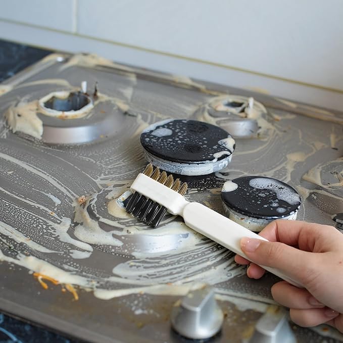 2 PCS Stove Brush, Kitchen Cleaning Scrub Brush, 4-in-1 Gas Stove Brass Wire Brushes with Stiff Bristles Cooktop Scraper Scrubber for Range Hood Grease Grime Rust Cleaner Pot Pan Household Tool