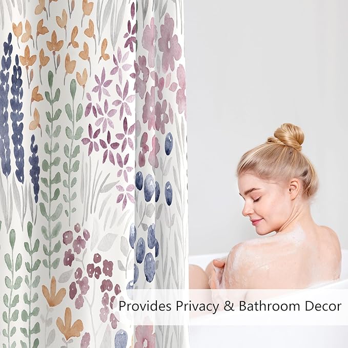 Cute Floral Shower Curtain, Mauve Boho Flower Fabric Shower Curtain, Funky Watercolor Wildflower Shower Curtain Set, Cottagecore Bohemian Bathroom Decor, 72x72