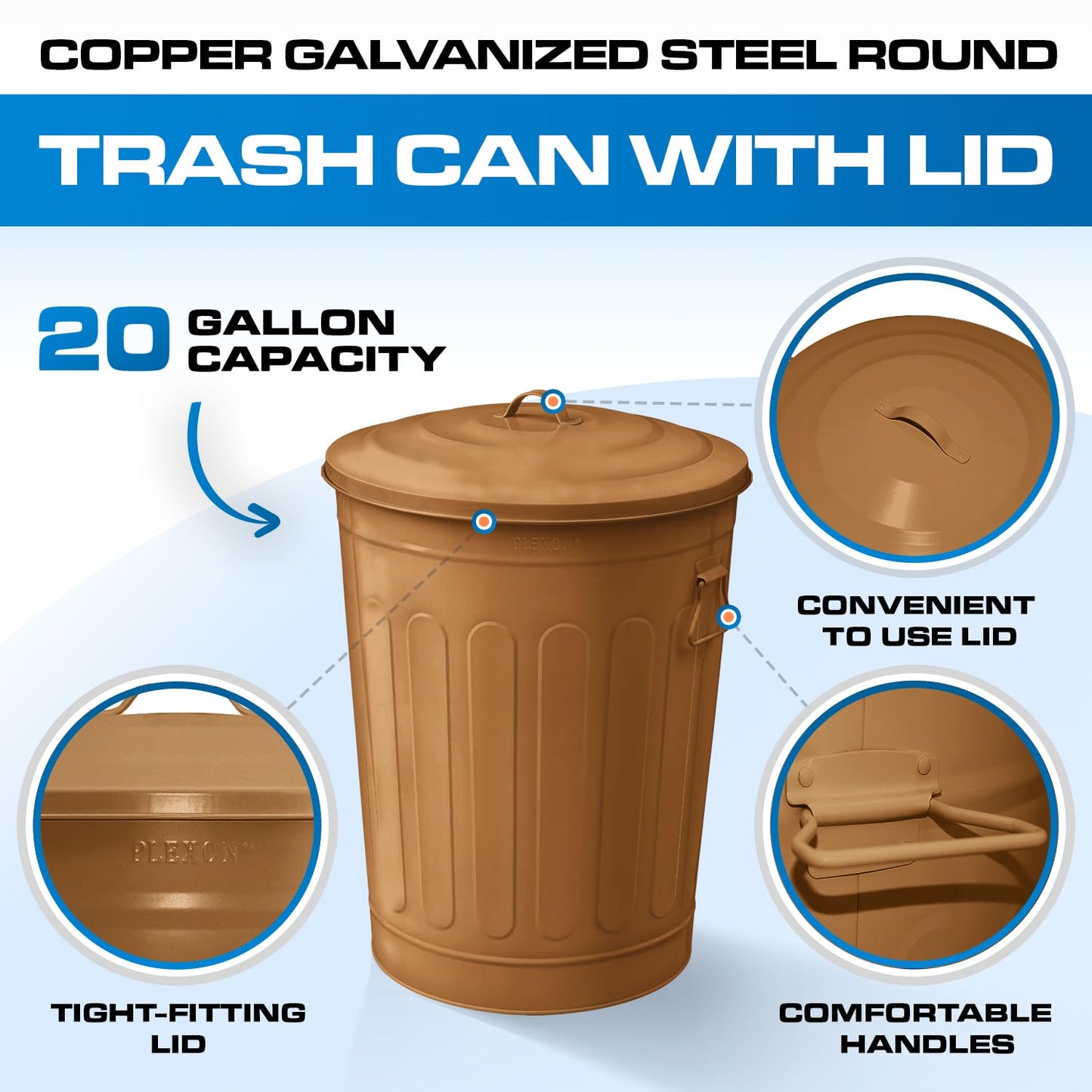 Plexon Round Trash Can 13 Gallon, Vintage Metal Outdoor Trash Can with Lid, Retro Farmhouse Garbage Container, Old School Modern Ash Bucket, Copper 6 Pack