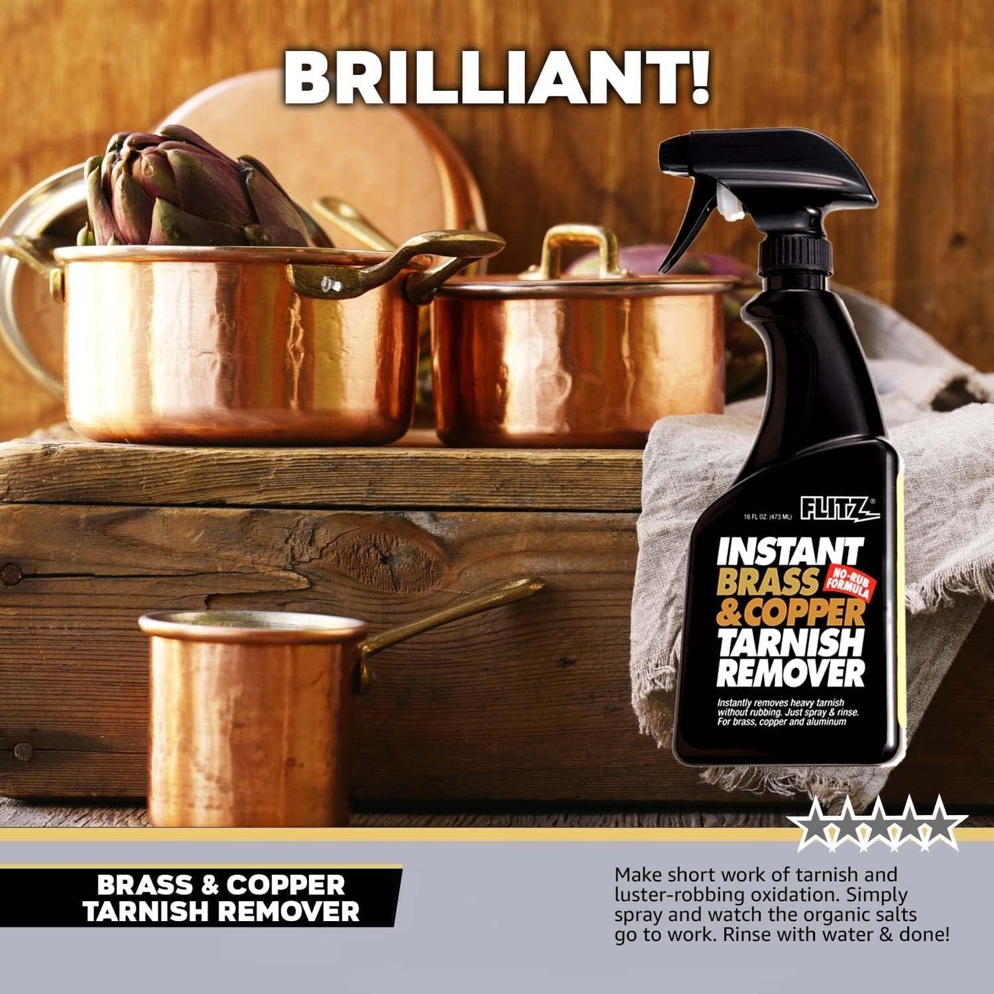 FLITZ Instant Brass and Copper Tarnish Remover - 16oz Bottle of USA-Made Organic Rust Remover Spray (No-Rub) - Removes Stains & Oxidation from Glass & Aluminum - Brass Cleaners That Work (1 Pack)