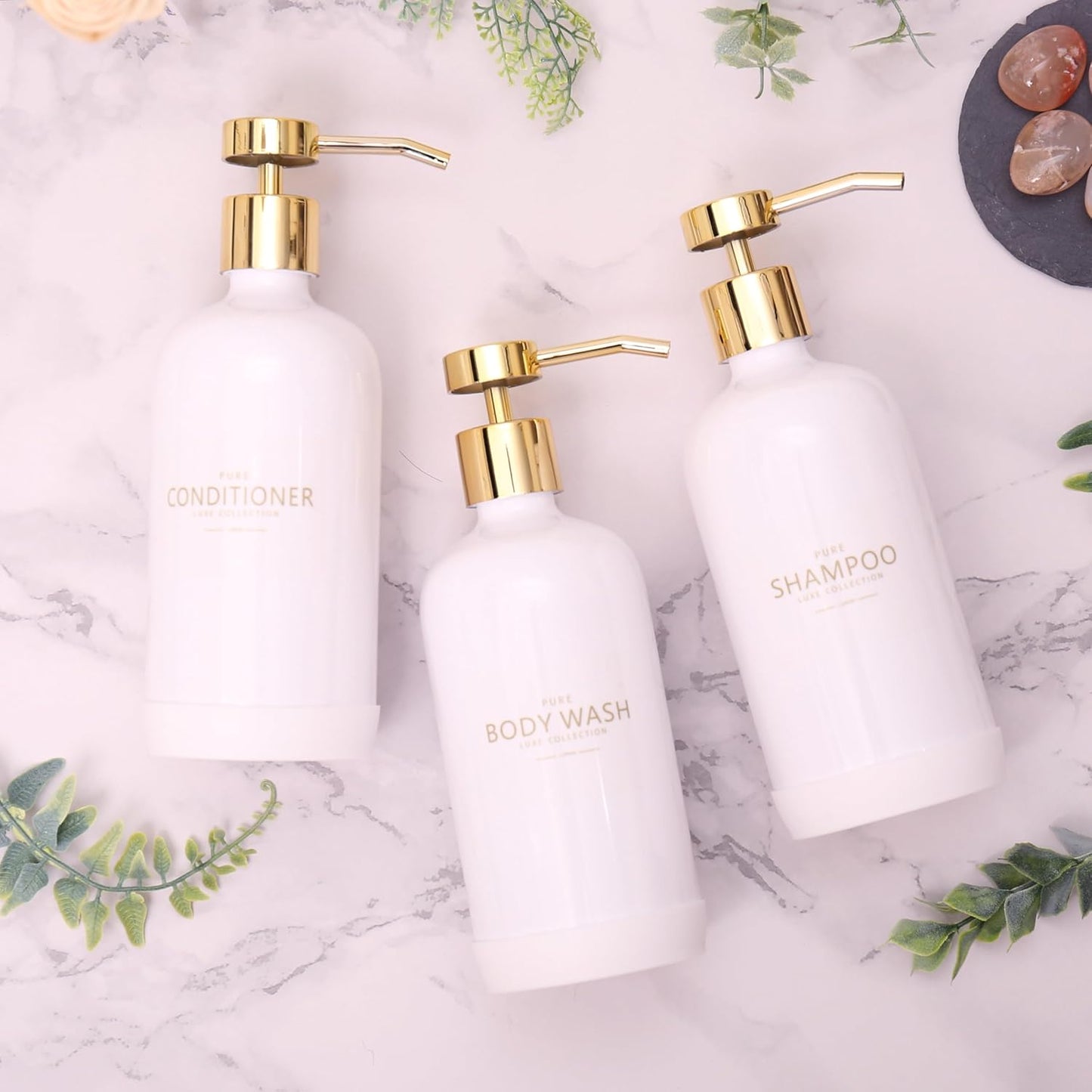 Shampoo and Conditioner Dispenser Set of 3,Refillable 20.5OZ Shampoo Bottles with Non-Slip Protective Silicone Pad,Shower Soap Dispenser with Waterproof Labels for Bathroom (White)