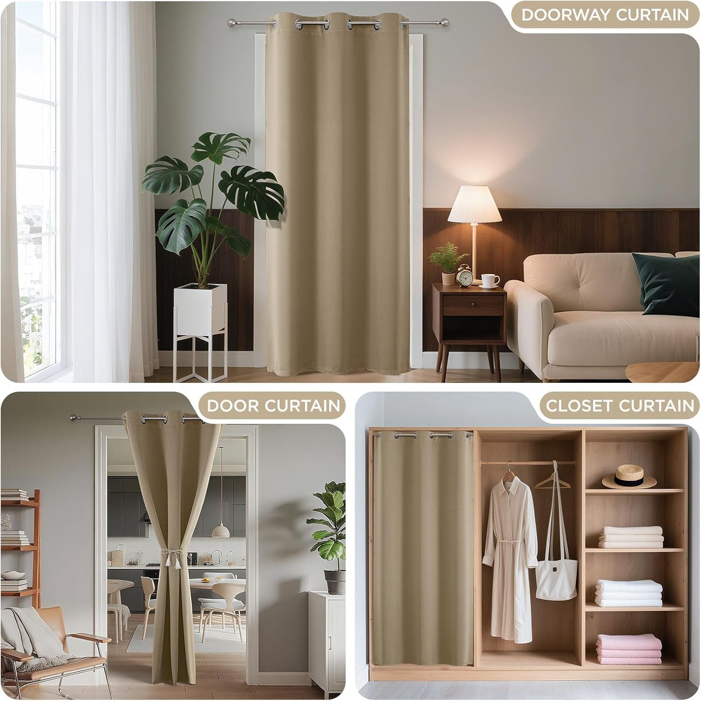 Joydeco Blackout Door Curtain for Doorway Privacy 84 Inches Long, Grommet Closet Curtain for Open Closet, Room Divider for Bedroom Living Room (Light Beige, 52Wx84L, 1 Panel)